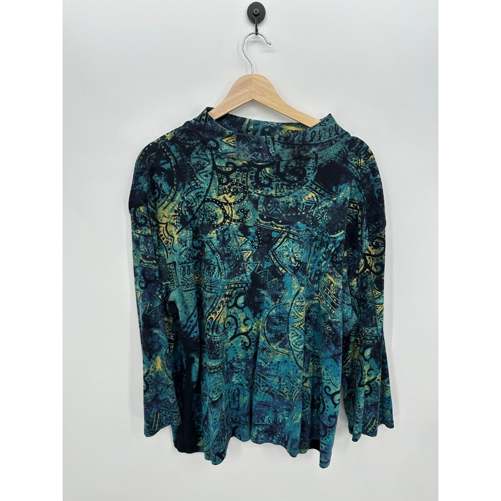Jess & Jane Naturalist Teal Abstract Rhinestone Mock Neck Top 3X Made in USA